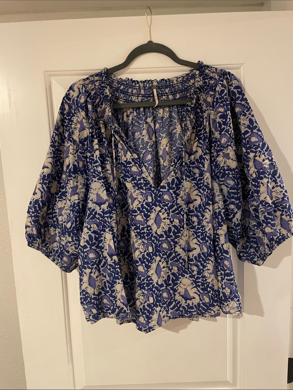 Free People Blue and Cream Floral Peasant Blouse